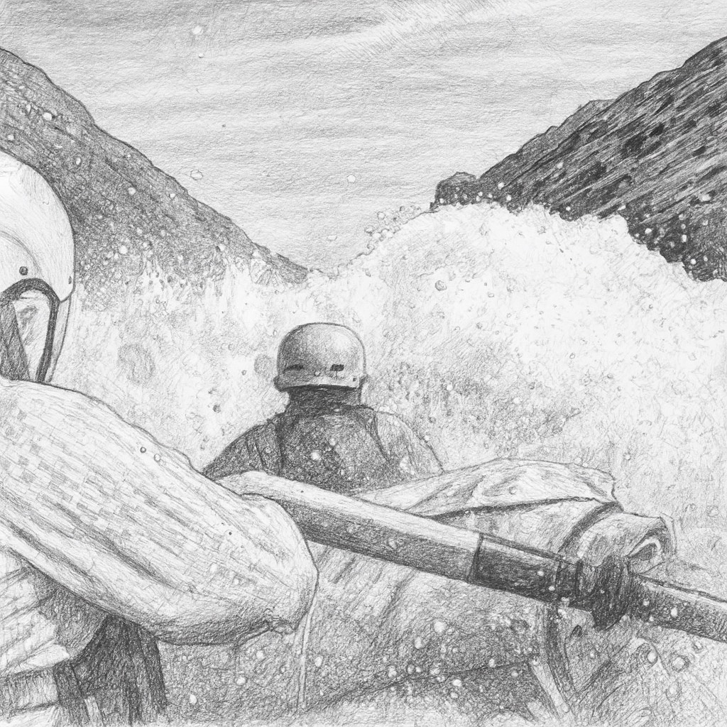 pencil sketch of a raft going through a large wave in Hells Canyon